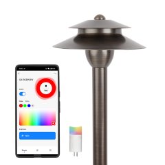 Solid Brass Landscape Path Light - 6" Two-Tier Cone Shade - Drop-In Fixture - Optional G4 Smart Bulb - RGB + White - Alexa / Google Assistant