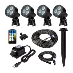 G-LUX Series Landscape Lighting Kit - 4 Color Changing RGB Spotlights - Low Voltage Transformer - Plug and Play