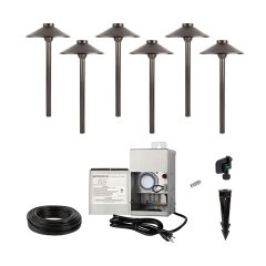 LED Landscape Lighting Kit - 6 Brass Cone Shade Path Lights with White G4 LED Bulbs - Low Voltage Transformer