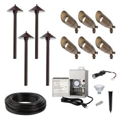 LED Landscape Lighting Kit - 6 Spotlights - 4 Cone Shade Path Lights - Stainless Steel Transformer