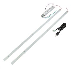 Components of the 30W LED magnetic strip kit with LED driver and optional power cord