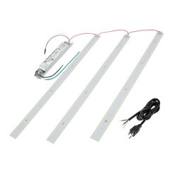 Components of the 40W LED magnetic strip kit with LED driver and optional power cord