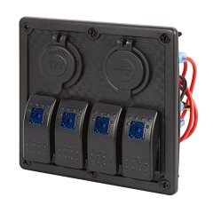 LED Rocker Switch Panel with 12V Accessory Plug Adapter Socket and Dual USB Port - 4 Position Waterproof DC Distribution Panel - 12 VDC - 24 Amps - RSP2-4