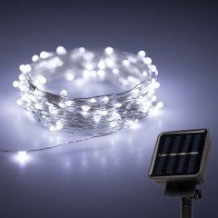 Solar Powered LED Fairy Lights with Silver Wire - 32ft - Cool White with Silver Wire