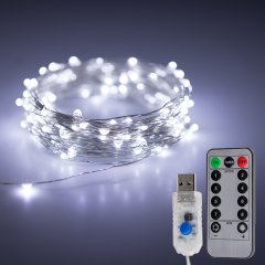 USB LED Fairy Lights w/ Remote Control - Silver Wire - 32'