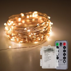 Weatherproof LED Fairy Lights with Remote Control - Battery Powered - Copper Wire - 32ft