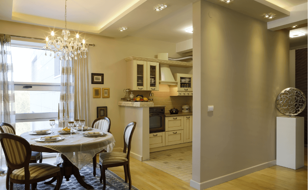 Dining room, kitchen, and hallway in house