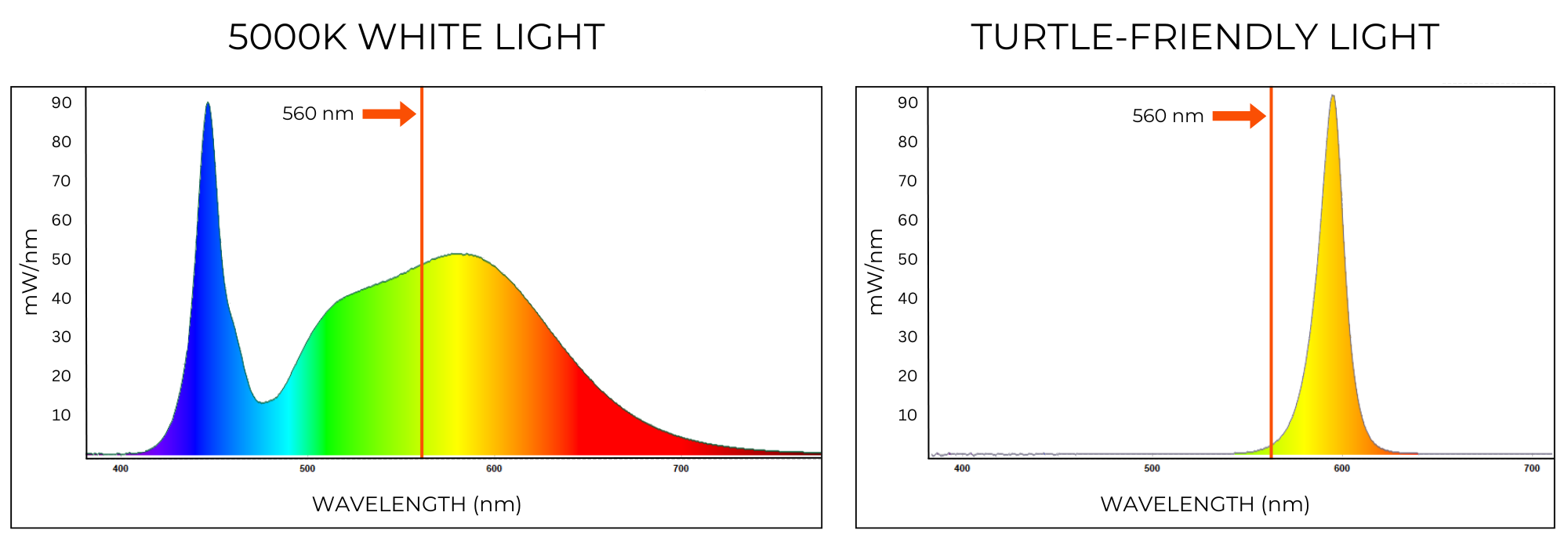 Comparison of 5000K white light and turtle-friendly light spectral graphs