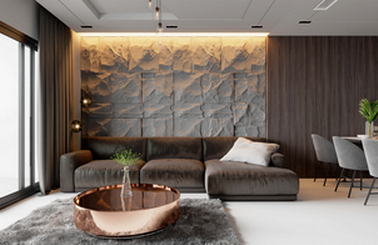 Living room with warm white strip lights and ceiling lights